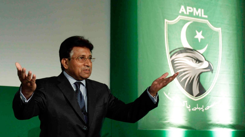 Pervez Musharraf, the former President of Pakistan, acknowledges the applause of his supporters as he arrives for the announcement of the launch of his new political party, the "All Pakistan Muslim League" in central London on Oct. 1, 2010. (AP / Lefteris Pitarakis)