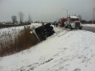No one was injured when a  salt truck rolled over in the area of Huron Street and Veterans Memorial Parkway in London, Ont. on Wednesday, Feb. 27, 2013. (Yvonne Lalonde for CTV London)