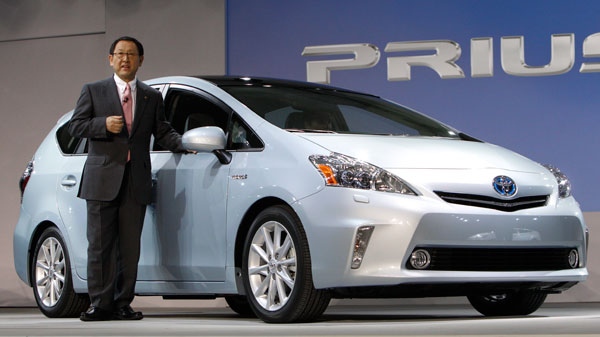 Toyota Motor Corp. President Akio Toyoda introduces the Prius V midsize hybrid-electric vehicle at the North American International Auto Show in Detroit, Monday, Jan. 10, 2011. (AP / Paul Sancya, File)