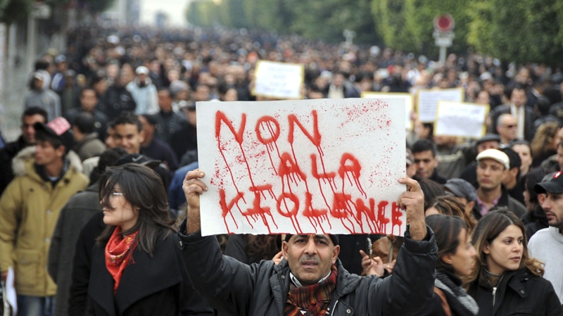 Protestors supporting the government and opposed to strikes demonstrate in Tunis, Tuesday Jan. 25, 2011. (AP / Hassene Dridi)