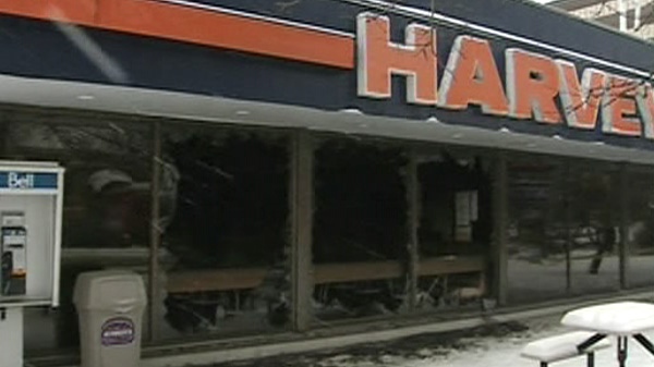 An early morning fire destroyed the Harvey's fast food restaurant at the corner of Bank Street and Riverside Drive, Tuesday, Jan. 25, 2011.