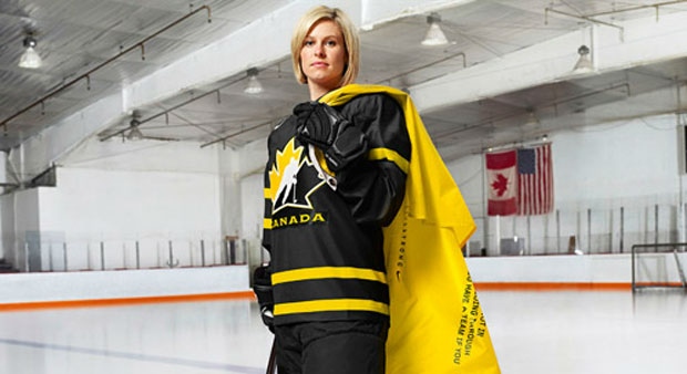 Livestrong ambassador and Team Canada member Tessa Bonhomme is shown here wearing the jersey her team will don for the opening game against the U.S. during an April tournament in Ottawa. (Photo courtesy of Hockey Canada)