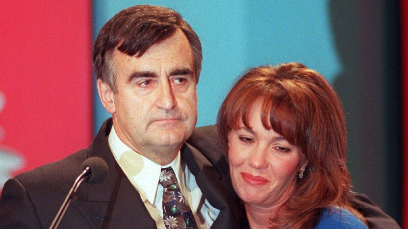 The Bloc Quebecois leader Lucien Bouchard hugs his then-wife Audrey Best after conceding defeat the Referendum in Montreal on Oct. 30, 1995. (THE CANADIAN PRESS/Ryan Remiorz)