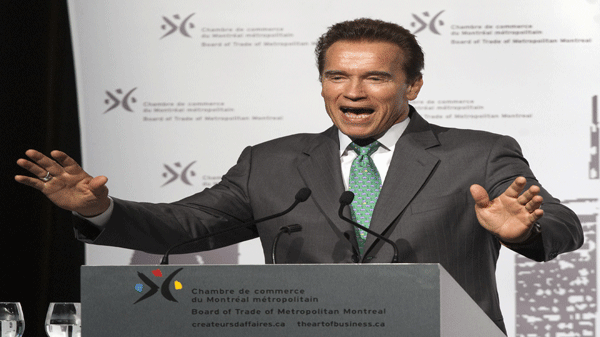 Former California governor Arnold Schwarzenegger speaks to the chamber of commerce Thursday, January 27, 2011 in Montreal as part of his Canadian tour.THE CANADIAN PRESS/Ryan Remiorz