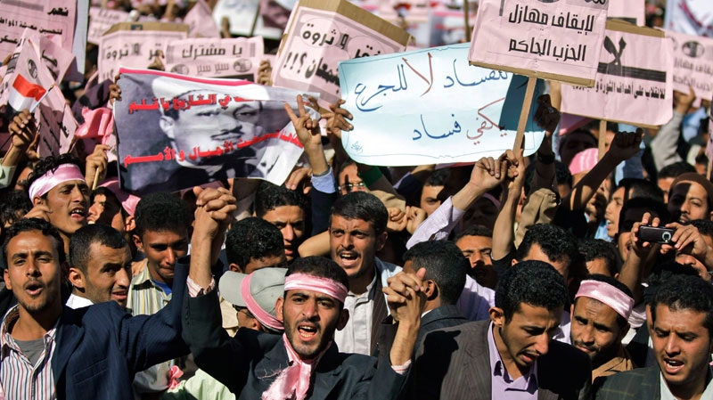 Yemeni demonstrators chant slogans during a rally calling for an end to the government of President Ali Abdullah Saleh, in Sanaa, Yemen, Thursday, Jan. 27, 2011. (AP / Hani Mohammed)
