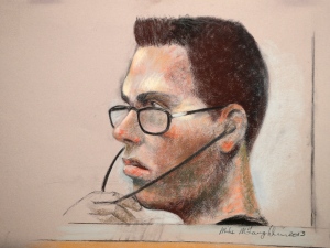Luka Rocco Magnotta is shown in an artist's sketch in a Montreal court on Wednesday, March 13, 2013. (Mike McLaughlin / THE CANADIAN PRESS)