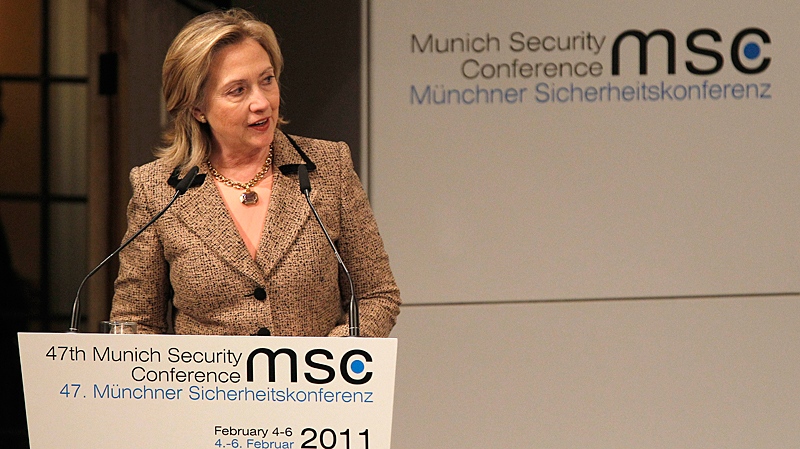 U.S. Secretary of State Hillary Clinton delivers a speech during the Conference on Security Policy in Munich, Germany, Saturday, Feb. 5, 2011. (AP / Frank Augstein)