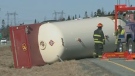Police and fire crews responded to this overturned propane truck in the Prince of Wales area of New Brunswick Monday morning.