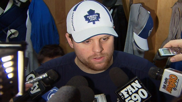 Phil Kessel speaks to reporters to clarify comments made earlier, at the Air Canada Centre, Monday, Feb. 7, 2011.