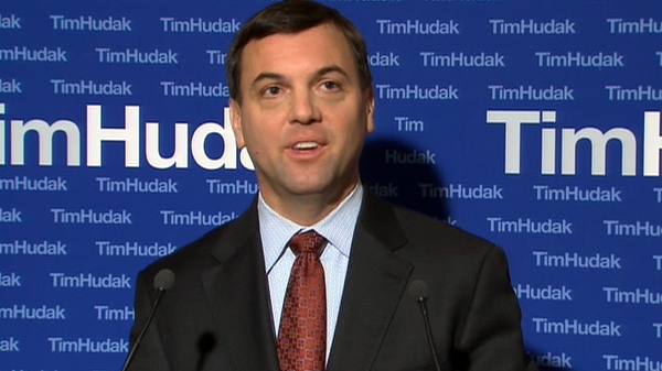Ontario PC Leader Tim Hudak speaks with reporters during a press conference in Toronto, Monday, Feb. 7, 2011.