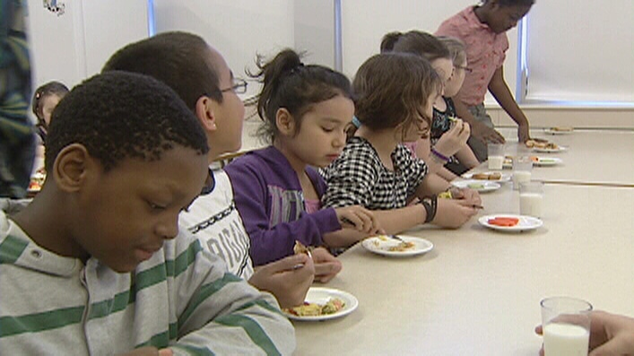 80-90 kids at W.E. Gowling School in Ottawa take part in the school breakfast program.