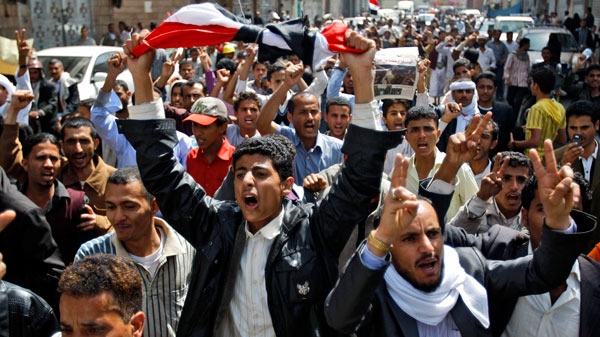 Troops in Yemen have beaten some anti-government protesters who were celebrating the resignation of Egyptian leader Hosni Mubarak and demanding the ouster of their own president.