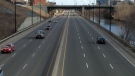 Vehicles travel along the Don Valley Parkway, north of the Gerrard Street bridge. (Chris Kitching/CP24)