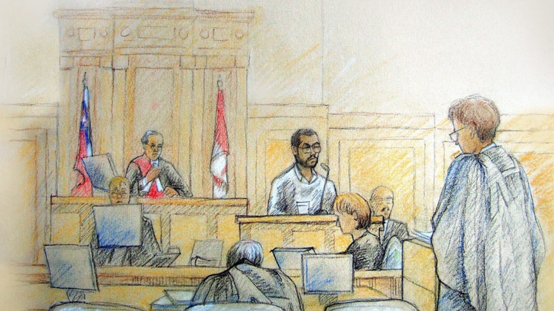 Mohamed Junaid Babar testifies at the trial of Momin Khawaja in an Ottawa courtroom, Tuesday, June 24, 2008 in this artist's sketch. (THE CANADIAN PRESS/Tammy Hoy)