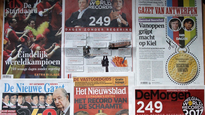 A montage of Belgium's Flemish speaking newspaper front pages published Thursday, Feb. 17, 2011, marking 249th day of political crisis in Belgium. (AP / Virginia Mayo)
