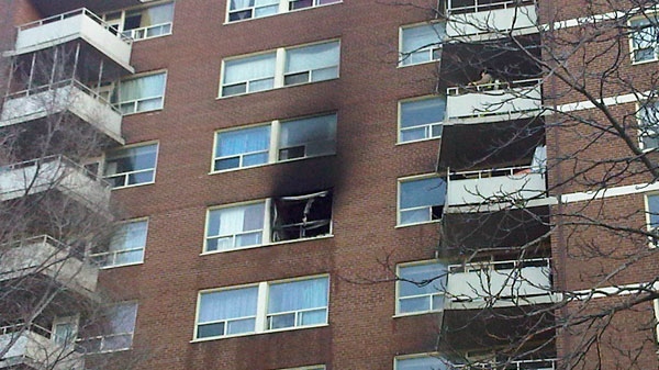 A fire broke out in an eighth-floor apartment on Toronto's Cosburn Avenue on Friday, Feb. 18, 2011. 