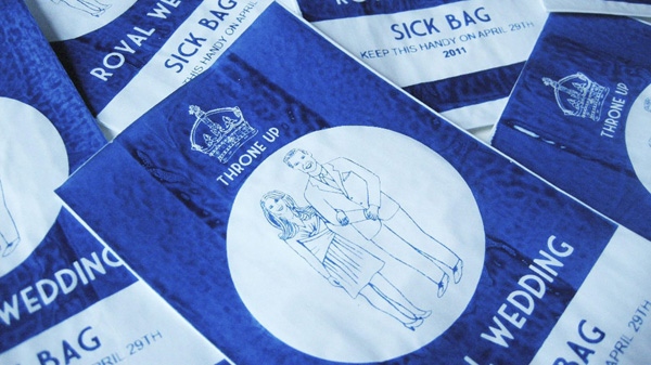 This image made available Wednesday Feb. 16, 2011, shows a Royal Wedding souvenir for those who are less that enthusiastic about the forthcoming wedding of Britain's Prince William and Kate Middleton -- a special edition sick bag. (AP Photo/Lydia Leith, ho)