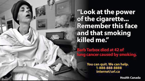 One of the new, explicit graphics on cigarette packages to discourage smoking includes an image of anti-smoking activist Barb Tarbox, who died of lung cancer in 2003 at age 42. (THE CANADIAN PRESS/ho)
