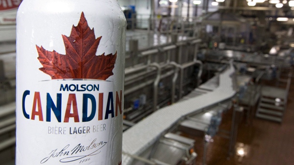 A can of Molson Canadian is seen in front of the can line at the Molson Breweries in Vancouver, Tuesday, Jan. 26, 2010. (THE CANADIAN PRESS/Jonathan Hayward)