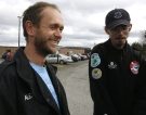 Alex Cornelissen (left), the captain of the anti-sealing vessel Farley Mowat, and chief officer Peter Hammarstedt talk to media after being released on bail from the Cape Breton Correctional Facility in Sydney, N.S., Monday, April 14, 2008. (Mike Dembeck / THE CANADIAN PRESS)