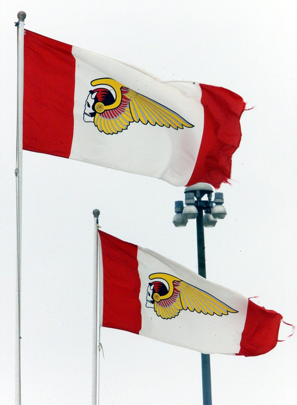 The flags of the Hells Angels biker gang fly over 