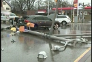 A pedestrian was pinned under a pole at Oxford and Adelaide in London, Ont., on Friday, April 12, 2013. (Melissa Yee / CTV London)