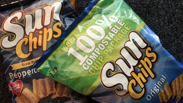Sun Chips packaged in compostable bags are on display during the PepsiCo media day and investor expo Monday, March 22, 2010 in New York. (AP Photo/Mary Altaffer)