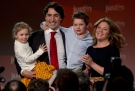 Justin Trudeau, his wife Sophie Gregoire and their children Xavier and Ella-Grace celebrate after he won the Federal Liberal leadership Sunday, April 14, 2013 in Ottawa. (Adrian Wyld / THE CANADIAN PRESS)