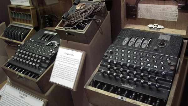 This June 25, 2002 file picture shows a four-rotor Enigma machine, right, once used by the crews of German World War II U-boats to send coded messages which British mathematician Alan Turing was instrumental in breaking. (AP Photo/Alex Dorgan Ross)
