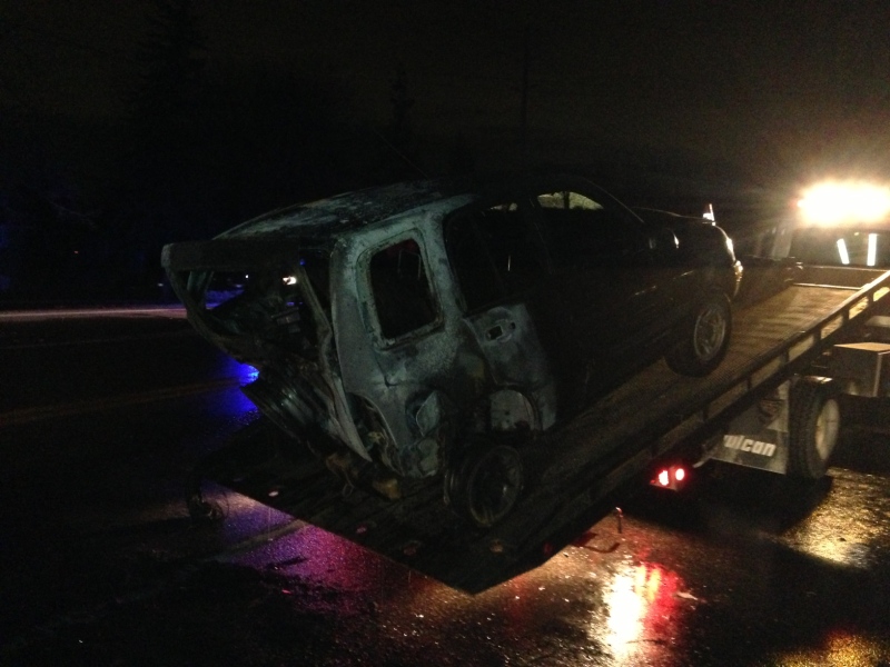 A GM Tracker burst into flames after a crash on Front Road in Amherstburg, Ont., on Tuesday, April 16, 2013. (Dan Appleby / CTV Windsor) 