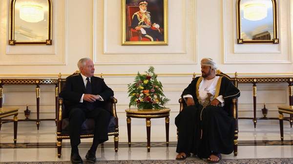 U.S. Secretary of Defense Robert Gates, left, meets with Sayyid Badr bin Saud bin Harib al-Busaidi, the Oman Defense Minister, in Muscat, Oman, Sunday Dec. 5, 2010. (AP / Win McNamee)