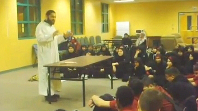 In a video posted online, Sheikh Mustafa Khattab from the Al Rashid Mosque talks to Junior High students at the Edmonton Islamic Academy, comments made during his talk have sparked a firestorm in the legislature.
