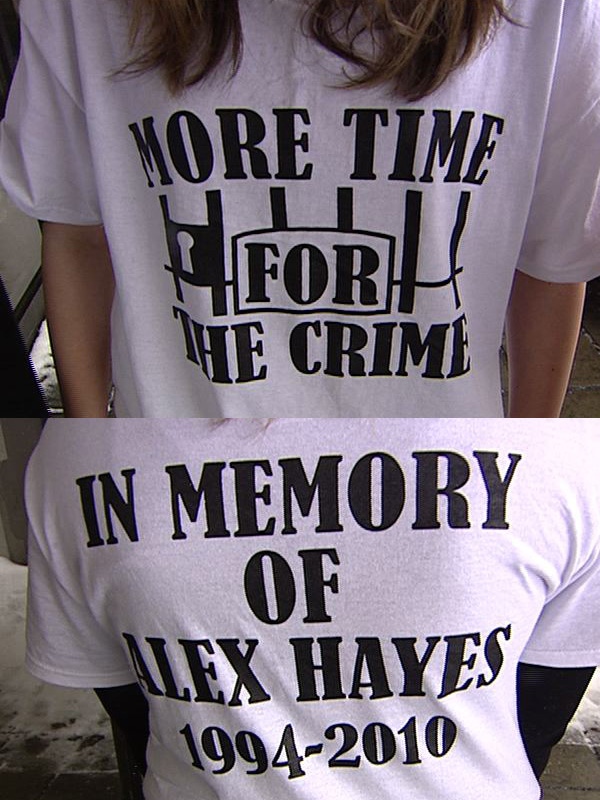 More than 50 supporters of Alex Hayes wore these T-shirts, calling for stiffer penalties for impaired drivers, Monday, Feb. 28, 2011.