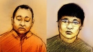 This combination sketch shows Kwong Yan, 43, and Qi Tan, 28, as they appeared in a Scarborough court on Tuesday, March 1, 2011.