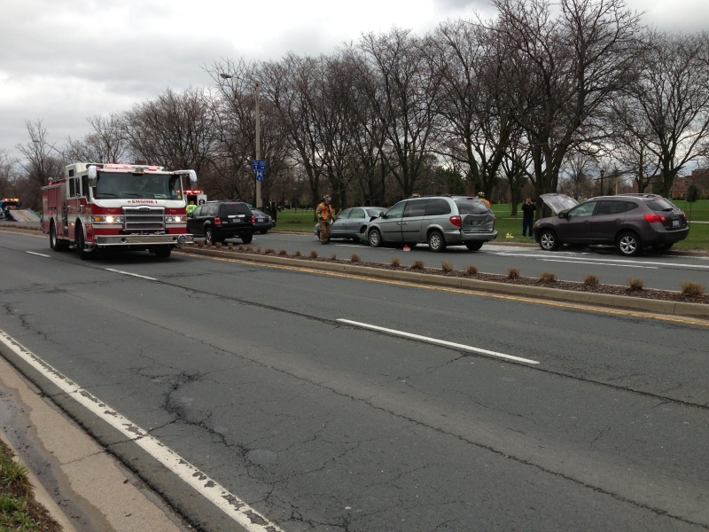 Emergency crews on the scene of a four-vehicle crash on Ouellette Avenue in Windsor, Ont., on Friday, April 19, 2013. (Michelle Maluske / CTV Windsor)