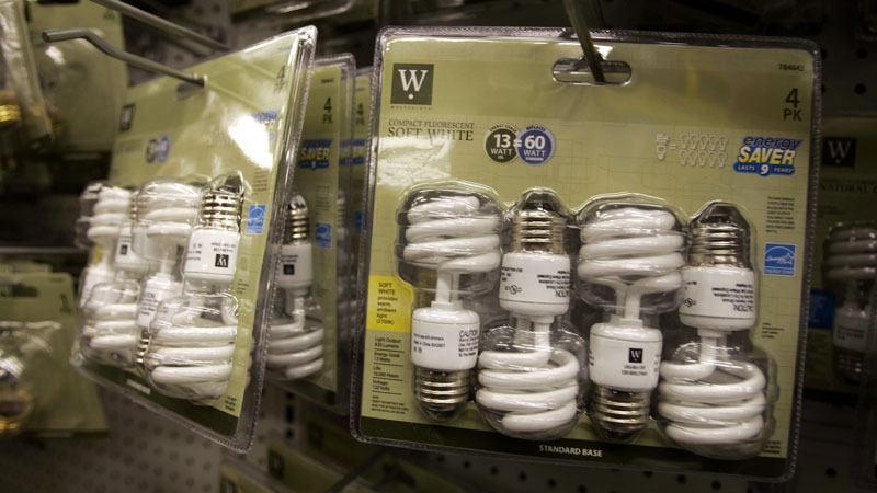 A display of compact fluorescent light (CFL) bulbs is seen at Ritters True Value Hardware in Mechanicsburg, Pa., Tuesday, April 29, 2008. (AP Photo/Carolyn Kaster)