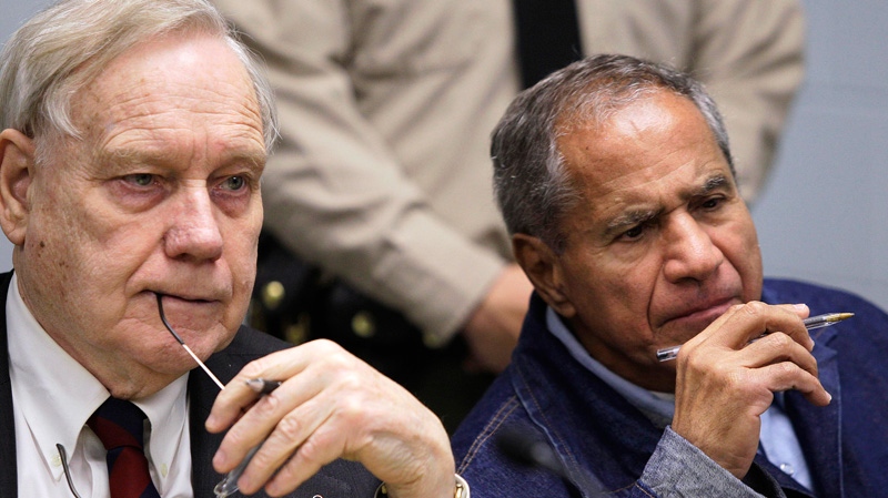 Sirhan Sirhan, now 66, convicted of assassinating Sen. Robert F. Kennedy in 1968, right, is seen beside his attorney, William Pepper, during a Board of Parole Suitability Hearing at the Pleasant Valley State Prison in Coalinga, Calif., Wednesday, March 2, 2011. (AP / Ben Margot)