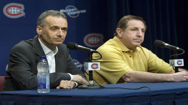 Montreal Canadiens head coach Jacques Martin, right, and general manager Pierre Gauthier speak to reporters at their training facility Tuesday, May 25, 2010 in Brossard Que. The Canadiens lost the NHL Eastern Conference final against the Philadelphia Flyers four games to one. THE CANADIAN PRESS/Ryan Remiorz