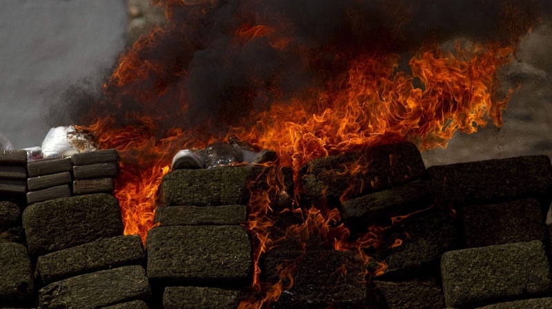 Seized narcotics burn on the outskirts of Tijuana, Mexico, Wednesday Sept. 22, 2010. (AP Photo/Guillermo Arias)