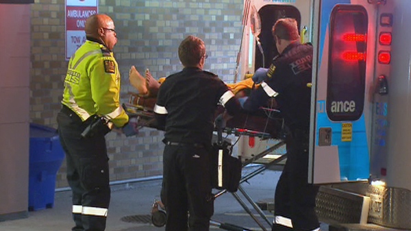 Toronto EMS transport the victim of a shooting into Sunnybrook hospital in Toronto on Wednesday, March 2, 2011.
