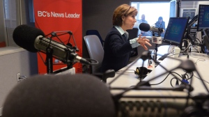 British Columbia Liberal Leader Christy Clark speaks during a radio interview in Vancouver, B.C., on Monday April 22, 2013. British Columbians go to the polls for a provincial election May 14. THE CANADIAN PRESS/Jonathan Hayward