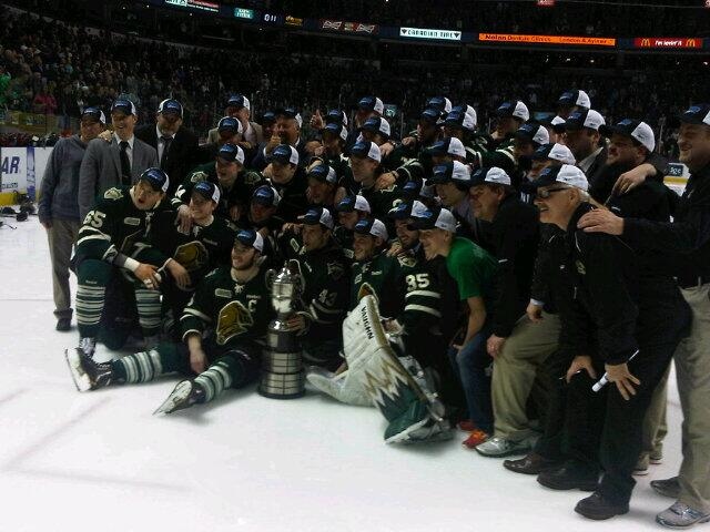 The London Knights celebrate after beating the Plymouth Whalers to win the OHL Western Conference in London, Ont. on Friday, April 26, 2013. (Brent Lale / CTV London)