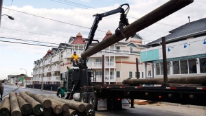 Yuri Pismennyi unloads 36 poles to be used as pilings to rebuild the boardwalk in Seaside Heights, N.J., Thursday, April 25, 2013. (AP / Mel Evans)