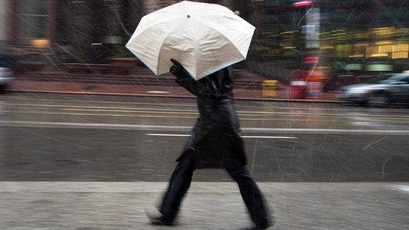 A pedestrian hides under her umbrella as wet snow swirls through downtown Toronto Wednesday, March 9, 2011. Environment Canada has issued a special weather statement as heavy rain, freezing rain, and snow are forecasted to hit Toronto. (Darren Calabrese / THE CANADIAN PRESS)      