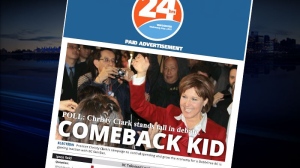 Christy Clark appears in a paid BC Liberal advertisement on the front page of Wednesday's 24 Hours newspaper. May 1, 2013. (24 Hours) 