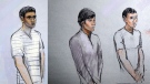 This combination courtroom sketch shows defendants Robel Phillipos, left, Dias Kadyrbayev, centre, and Azamat Tazhayakov appearing in front of Federal Magistrate Marianne Bowler at the Moakley Federal Courthouse in Boston, Mass., Wednesday, May 1, 2013. (AP/  Jane Flavell Collins)