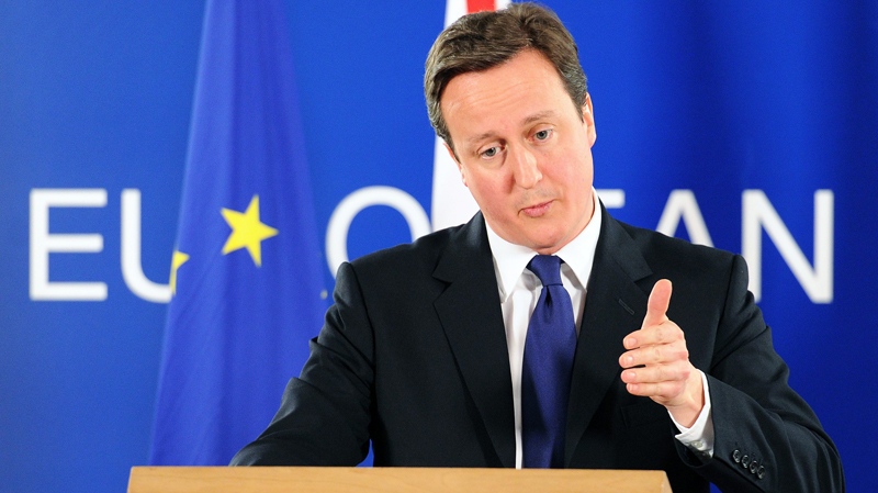 British Prime Minister David Cameron speaks during a media conference at an EU Summit in Brussels on Friday, March 11, 2011. (AP / Geert Vanden Wijngaert)