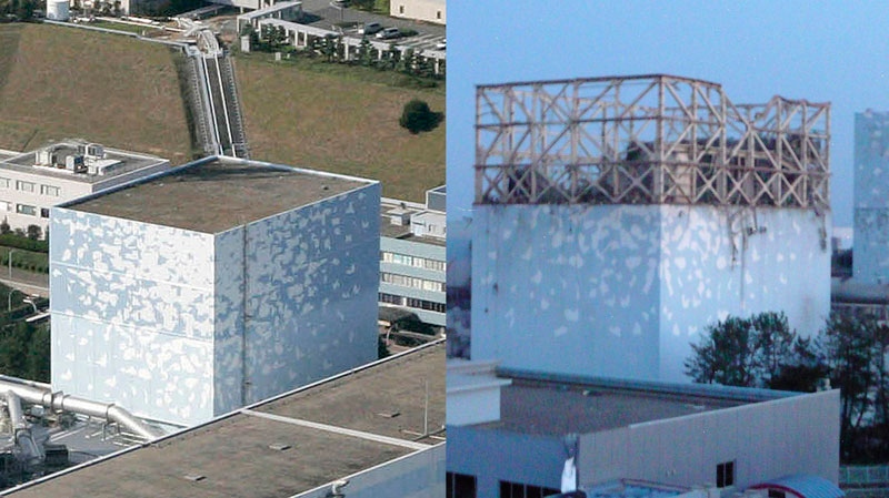 In this combination of photos, the No. 1 reactor of the Fukushima Daiichi Nuclear Power Plant, is seen before, left, and after an explosion that blew out the walls of the unit, in Okumamachi, Fukushima Prefecture in Japan.  The photo at left was taken Oct. 3, 2008, and the photo at right was released by the Tokyo Power Electric Co. March 12, 2011, following the explosion. (AP Photo/ Kyodo News and Tokyo Power Electric Co.)