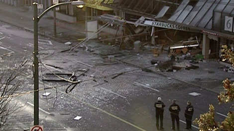 The Taco del Mar restaurant on West Broadway in Vancouver was destroyed in an explosion. Feb. 13, 2008. (CTV)