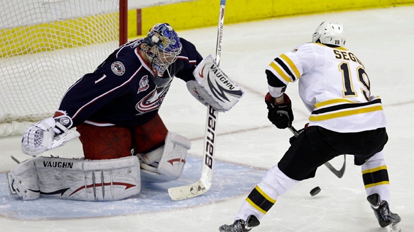 Boston Bruins' Tyler Seguin scores against Columbus Blue Jackets' Steve Mason during a  shootout March 15, 2011, in Columbus, Ohio. (AP Photo/Jay LaPrete)